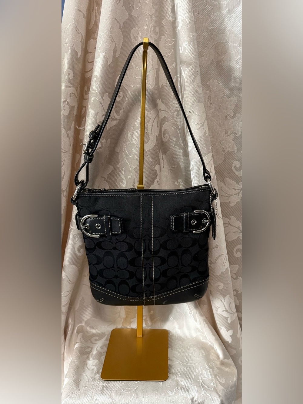 Coach Signature Jacquard Black Hobo Shoulder Bag Leather Trim Buckle Purse - Picture 3 of 11